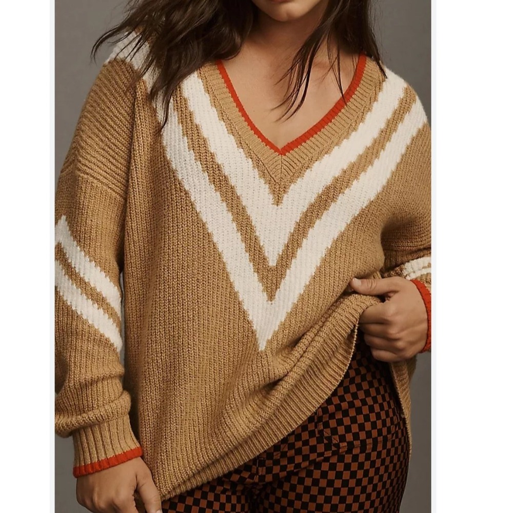 Maeve Anthropologie Womens SP Tan Chevron V-Neck Oversized Knit Sweater Mohair